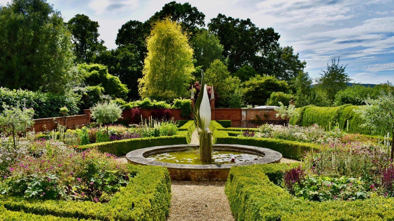 Bignor Park Formal Gardens and pond with sculpture
